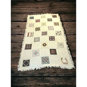 Vtg Cross-stitched Quilt Blocks Throw Lap Blanket Cottage Core Handmade